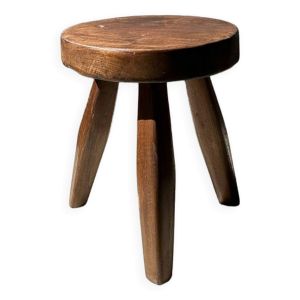 Tabouret tripode en teck upcyclé bas plat - Petit tabouret tripode en bois massif brun assise circul