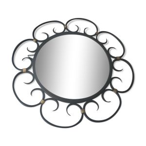 Miroir en fer forgé et bagues métal doré vers 1950 - 39cm