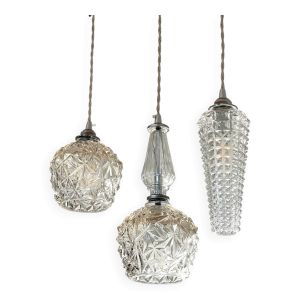 Triple suspension cascade trois tulipes cristal et chromes vintage