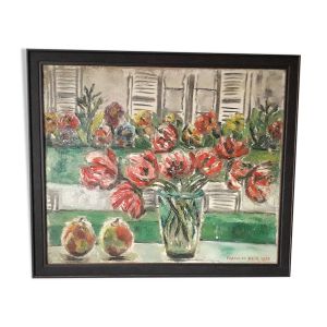 Tableau ancien à l'huile représentant une nature morte