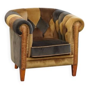 Fauteuil Chesterfield club en tissu patchwork de style anglais
