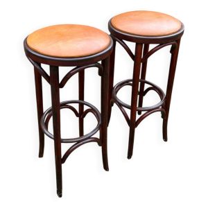 Paire de tabourets bistrot bois courbes assise cuir