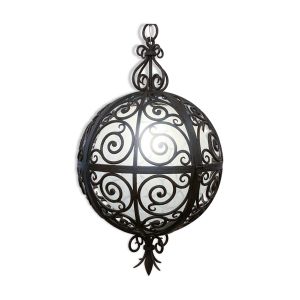Suspension ronde en fer forgé avec sphère intérieure en verre, c.1930