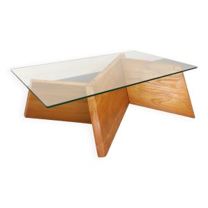 Table basse rectangulaire vintage en orme massif et verre des années 80
