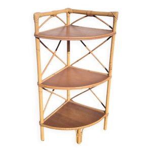Étagère d’angle en rotin à 3 plateaux en bois
