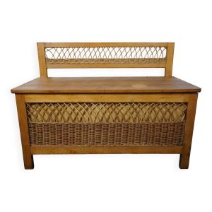 Coffre à jouets, banc en bois et rotin, années 60