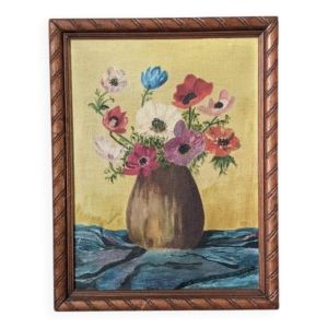 Tableau acrylique sur toile nature morte ancienne bouquet de fleurs