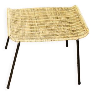Tabouret basket vintage en acier et osier tressé de franco legler 1950