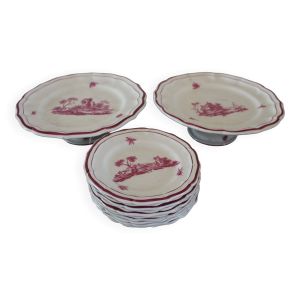 Service Gien ''Paysage rose'' original 2 plat à gateau + 8 assiette à dessert