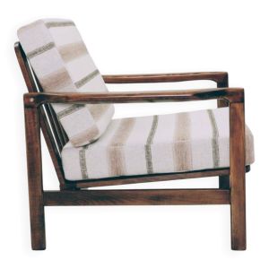 Fauteuil vintage avec coussins en tissu naturel rayé