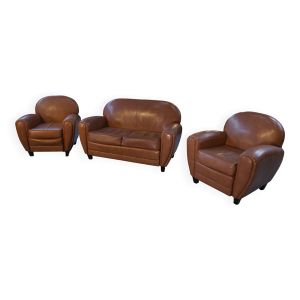 Ensemble canapé 2 places et 2 fauteuils club en simili cuir Camel 1980's