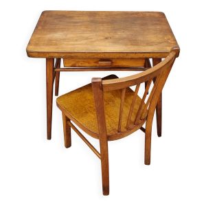 Ensemble bureau et chaise d’écolier en bois Baumann, années 50-60