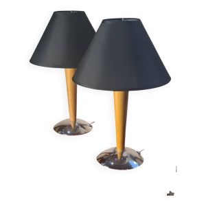Paire de lampe chevet style scandinave bois et metal chromé elec ok 40x25.