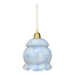 Suspension globe vintage en opaline blanche et bleue