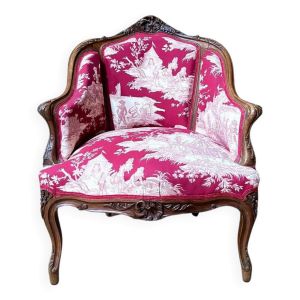 Bergère style Louis XV en bois sculpté et toile de Jouy, époque Napoléon III, France