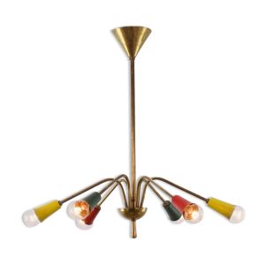 Lustre multicolore vintage en laiton, 1950, 6 bras, 60cm de diamètre