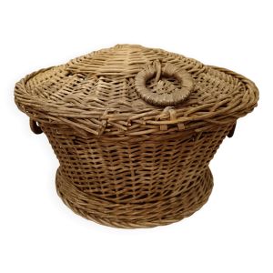 Panier ancien en osier rond avec couvercle
