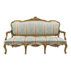 Canapé ancien de style Louis XV doré avec revêtement Gobelin