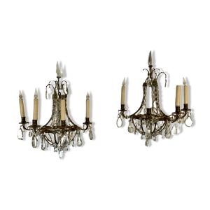 Paire d'appliques corbeille en bronze et pampilles XX siècle