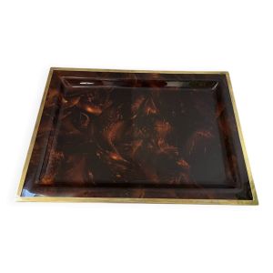 Plateau vintage plexiglass lucite effet écaille cerclage laiton 1970