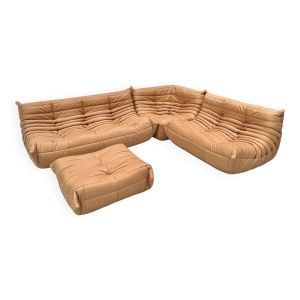 Ensemble de salon Togo en cuir marron camel français, attribué à Michel Ducaroy pour Ligne Roset, ensemble de 4 pièces