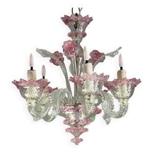 Petit lustre vénitien en verre de Murano incolore et rouge, circa 1950