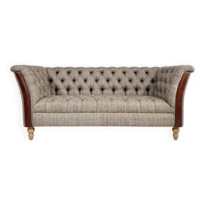 Canapé Chesterfield en cuir, tissu et bois
