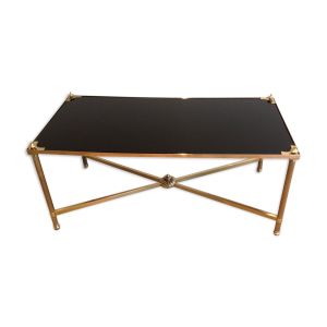 Table basse rectangulaire en laiton et plateau de verre laqué noir