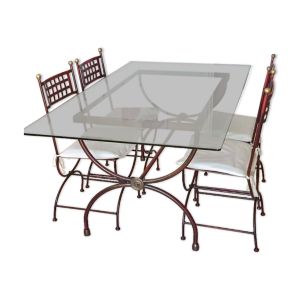 Table fer forgé et verre avec 4 chaises