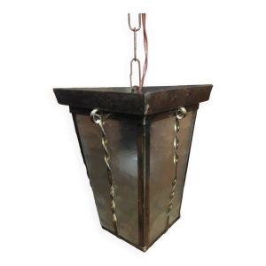 Ancienne suspension lanterne laiton + plaque verre vintage #a592