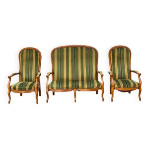 Ensemble salon voltaire style Louis XV velours vert jaune à rayures