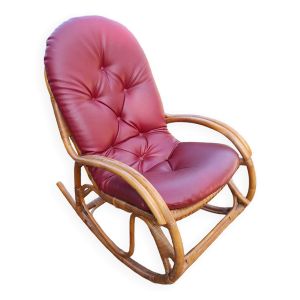 Rocking-chair en rotin, assise cuir