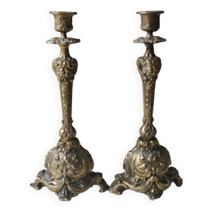 Paire de Bougeoirs Flambeaux Antiques/Style Baroque, Rocaille. En bronze doré. XIXème