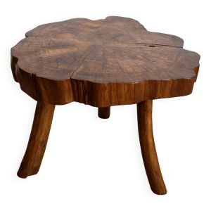 Table basse brutaliste tranche d'orme tripode 1960