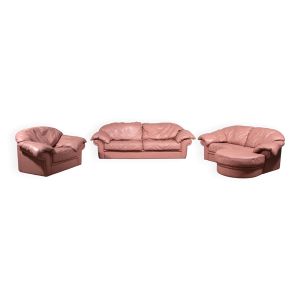 Ensemble de salon italien vintage – 4 pièces en cuir rose (années 1970)