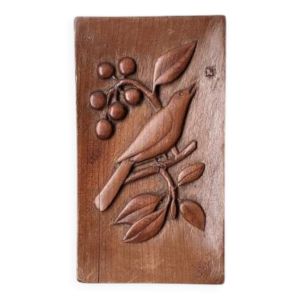 Tableau bois sculpté sculpture murale oiseau & décor végétal 1924