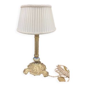 Lampe, bronze, bougeoir, doré, émail cloisonné, abat-jour blanc écru, décor fleurs, feuille