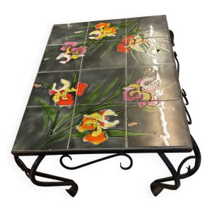 Table basse vallauris signee rheaul carreaux de faience fleurs et fer forge