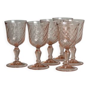 6 verres à pied liqueur en verre rose torsadé, rosaline.