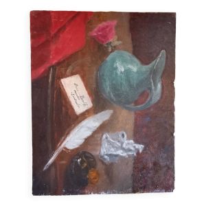 Tableau huile . Nature morte  au pot .