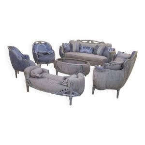 Salon complet style Louis XV en bois sculpté et tissu bleu clair