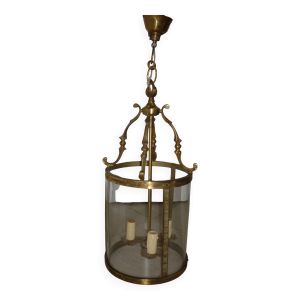 Suspension lanterne ancienne en verre et en laiton, 3 feux