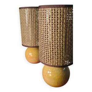 Paire de lampe boule bois massif naturel , chevet style scandinave 33x14
