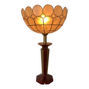 ▪️Lampe Vintage Le Dauphin Céramique Bordeau Et Or Et Abat Jour Nacre Art Deco