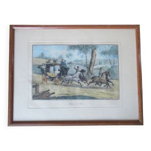Victor adam -gravure eau forte chaise de poste circa 1850 sous cadre