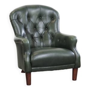 Fauteuil Chesterfield en cuir de vache vert de style anglais classique