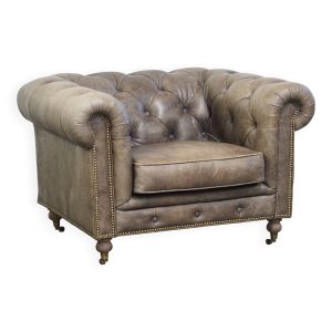 Fauteuil club Chesterfield en cuir de vachette gris de style anglais sur roulettes