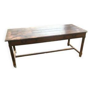 Table de ferme de cuisine en chêne et châtaignier XVIIIe avec deux tiroirs 196/87-78h