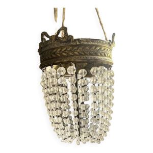 Lustre montgolfière Louis XVI – Bronze doré & pampilles – Époque 1900