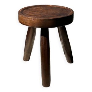 Tabouret tripode en teck upcyclé bas creux - Petit tabouret en bois massif brun assise circulaire cr